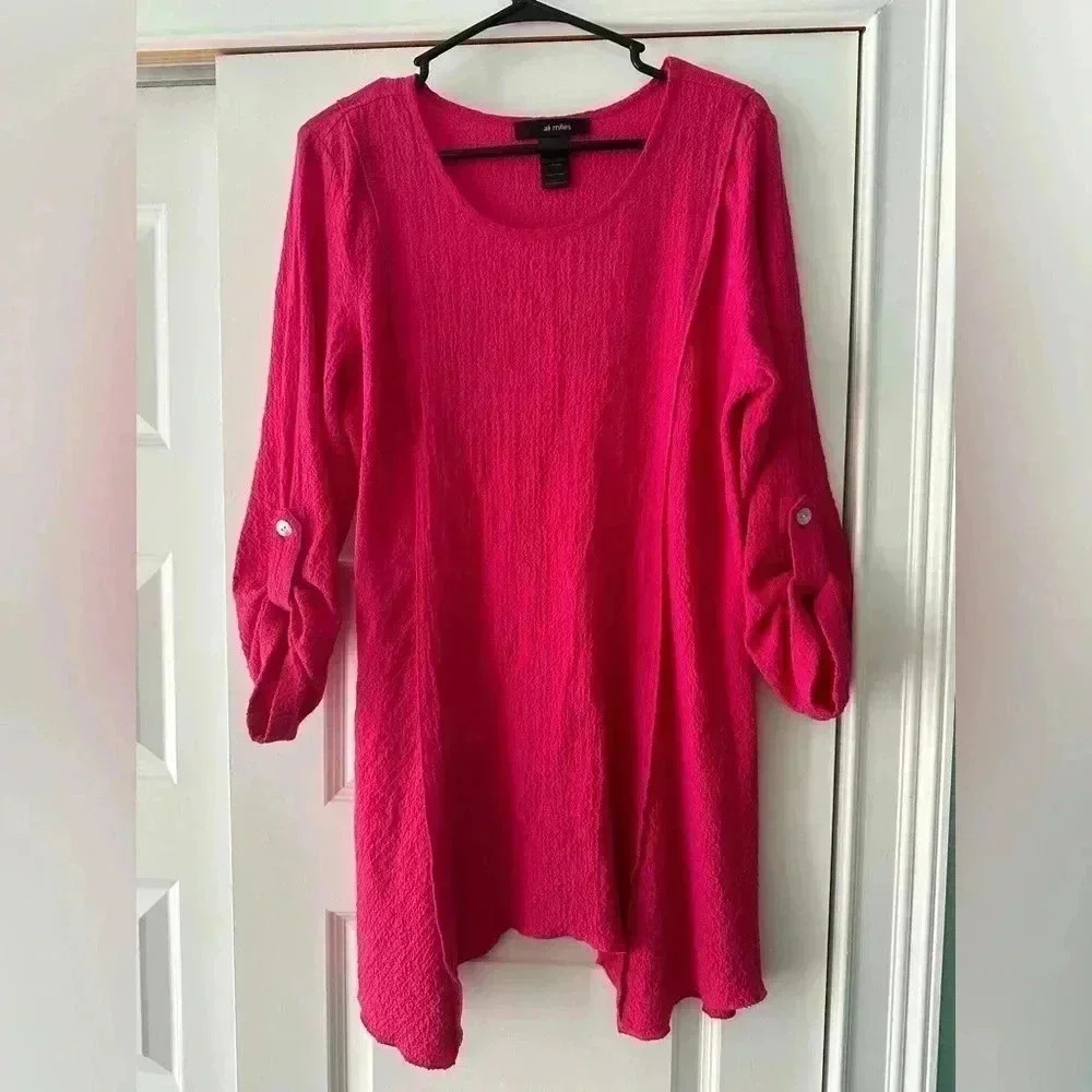 Ali Miles Tunic Women’s Large Hot Pink Crinkle Blouse Roll-Tab Sleeves Lagenlook